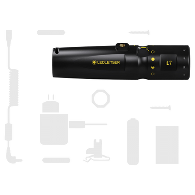 Ledlenser iL7 Torch in black with yellow logo shown with accessory silhouettes such as charger and batteries