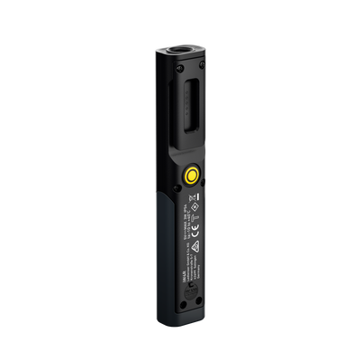 iW4R Work Light shown in vertical side view with a yellow power button on a black body and label area visible