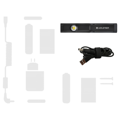 iW4R Work Light with USB charging cable and accessory silhouettes compact rechargeable work light designed for hands free use and versatile mounting