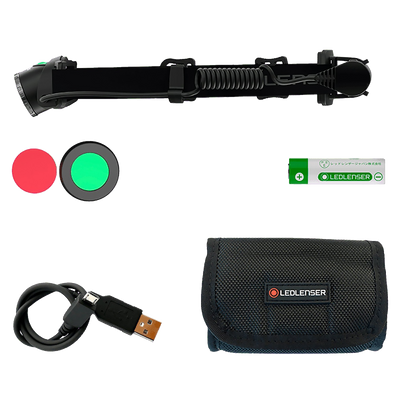 MH10 Headlamp by Ledlenser with rechargeable battery pack adjustable head strap red and green lens caps USB charging cable and carrying pouch