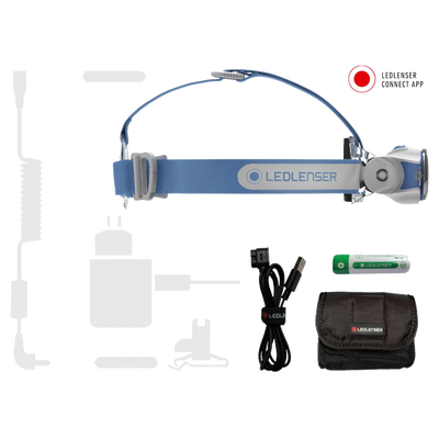 Ledlenser MH11 Outdoor Headlamp with blue headband rechargeable headlamp includes USB charging cable rechargeable battery and black carrying pouch with belt attachment