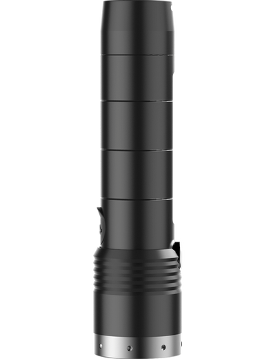 Ledlenser MT10 Torch black cylindrical flashlight with segmented body and side clip mounted on the lower section