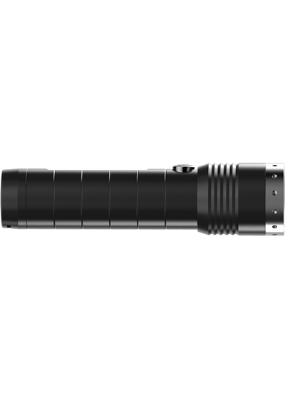 MT14 Torch viewed in side profile black aluminium body with grip segments and silver tail end
