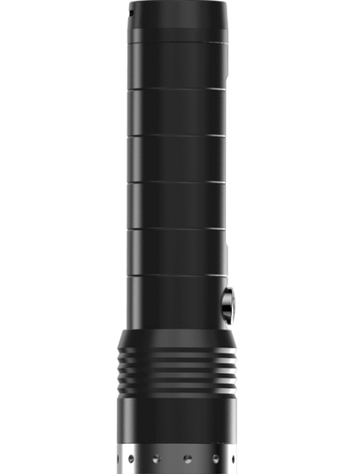 Ledlenser MT14 Torch shown upright with black cylindrical body ribbed grip near base and metallic silver tail ring
