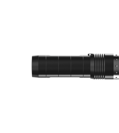 Ledlenser MT6 Battery Operated Torch side profile view black cylindrical body with grip grooves and battery end details