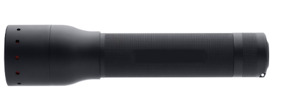 Ledlenser P14 Battery Operated Torch laid horizontally showing a black cylindrical battery flashlight with a textured grip and smooth head