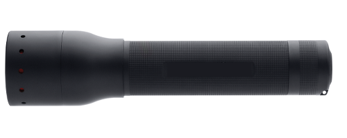 Ledlenser P14 Battery Operated Torch laid horizontally showing a black cylindrical battery flashlight with a textured grip and smooth head