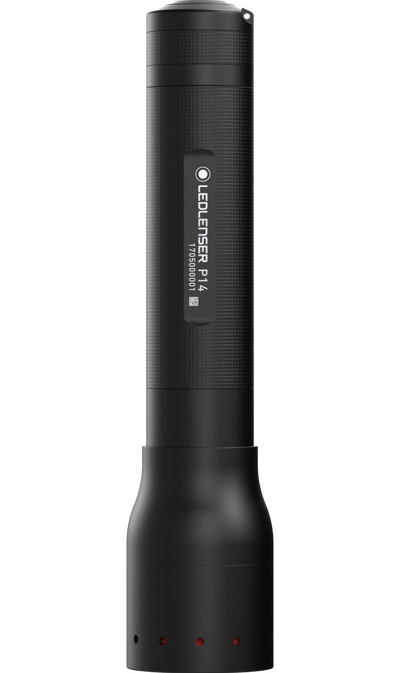 Ledlenser P14 torch shown upright with textured black body and a side label reading Ledlenser P14
