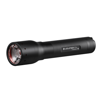 Ledlenser P14 battery operated torch shown in a horizontal side view black cylindrical torch with textured grip and red accent front bezel