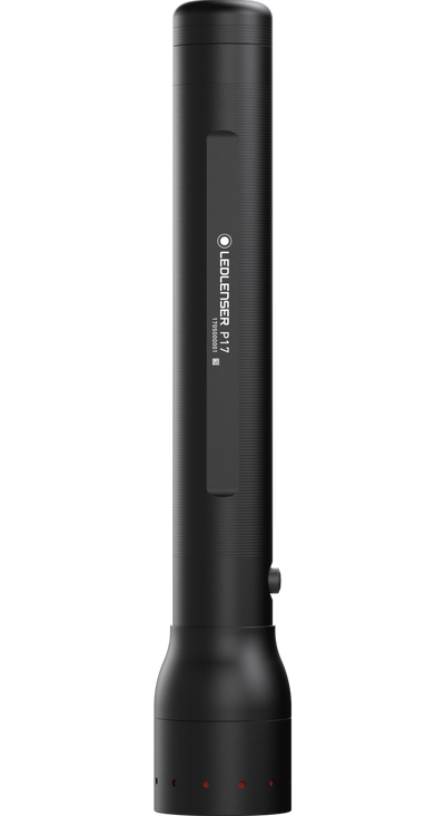 Ledlenser P17 Battery Operated Torch visible as a tall black cylindrical handheld flashlight with textured grip and side control switch