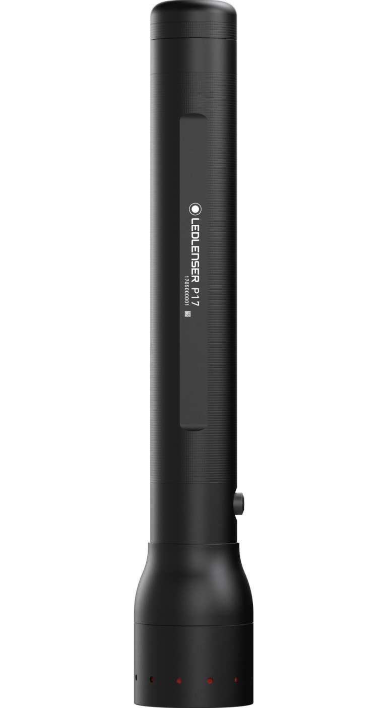 Ledlenser P17 Battery Operated Torch visible as a tall black cylindrical handheld flashlight with textured grip and side control switch