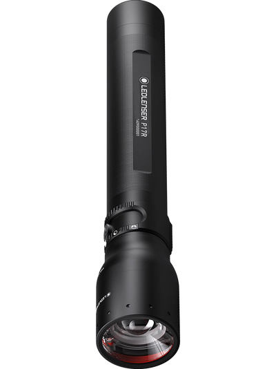 Ledlenser P17R rechargeable torch shown vertically with a black textured body and visible front lens at the bottom