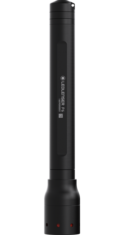 Ledlenser P6 torch shown upright; black cylindrical flashlight with textured grip and base cap branding visible