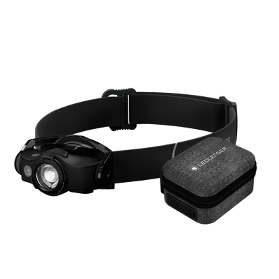 Ledlenser MH4 Powercase Combo headlamp with adjustable black strap and grey fabric charging case shown in side view