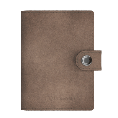 Ledlenser Lite Wallet® brown leather wallet with circular metal snap closure on strap and subtle embossed logo