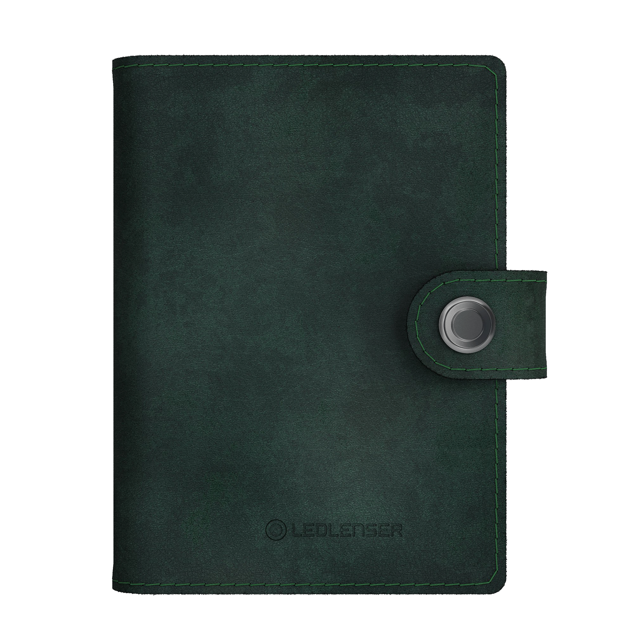 Lite Wallet® green leather wallet with silver snap closure and Ledlenser logo embossed