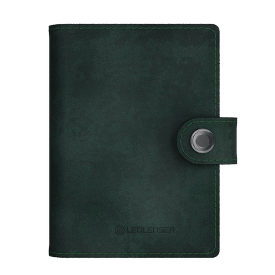 Lite Wallet® green leather wallet with silver snap closure and Ledlenser logo embossed