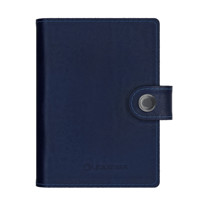Lite Wallet® blue leather wallet with a magnetic snap strap closure front view showing Ledlenser branding