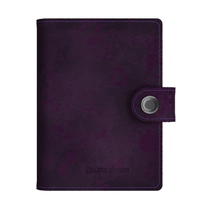 Lite Wallet® purple leather wallet with purple stitching snap closure and Ledlenser embossing