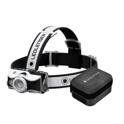 MH7 Powercase Combo Headlamp & Charging Case Ledlenser headlamp with adjustable strap and charging case shown from front