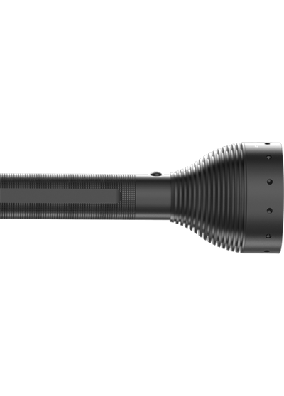 X21 2 Battery Operated Torch close up of black flashlight body and ribbed head with textured grip