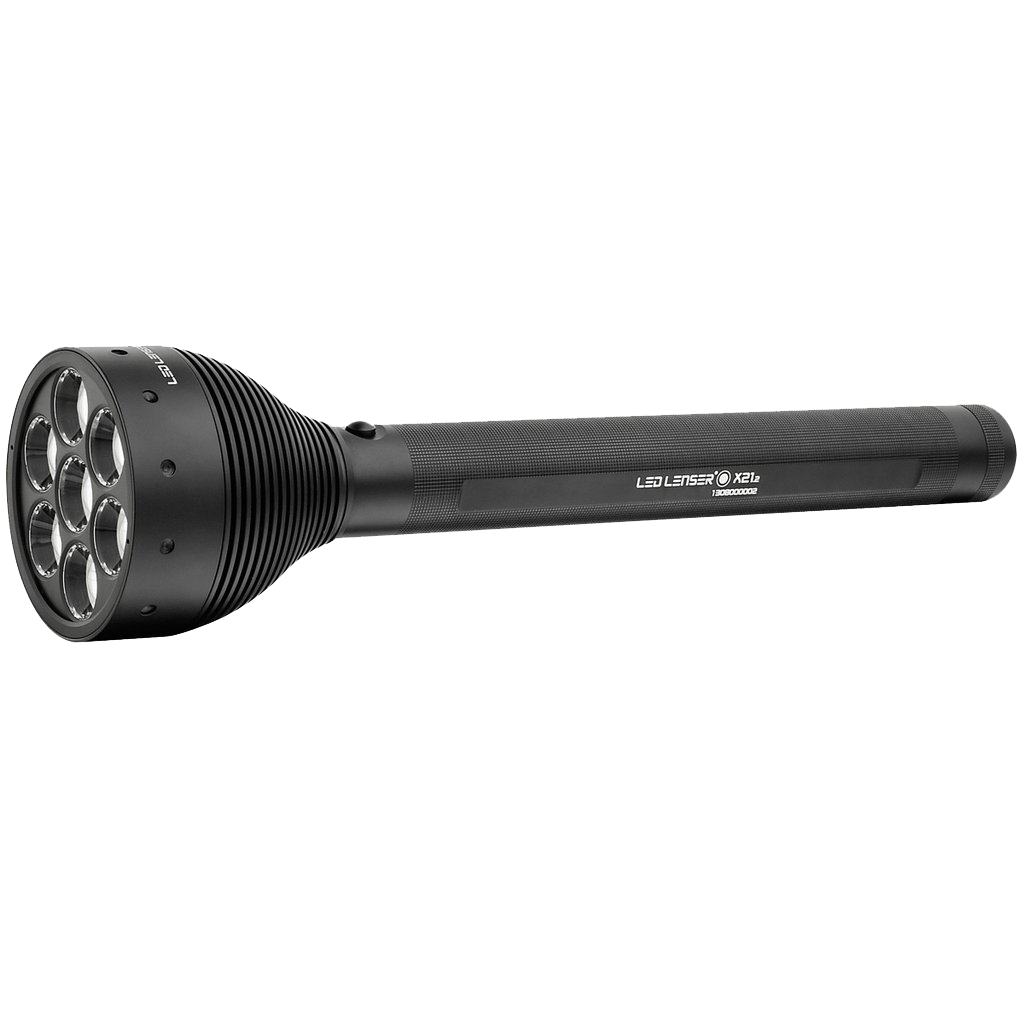 Ledlenser X21 2 Battery Operated Torch black handheld with six lens head and textured grip side view