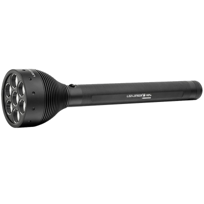 Ledlenser X21 2 Battery Operated Torch black handheld with six lens head and textured grip side view