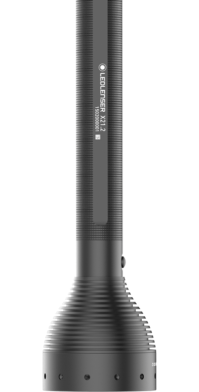 Ledlenser X21 2 Battery Operated Torch a full length black flashlight with textured grip and ridged base bezel